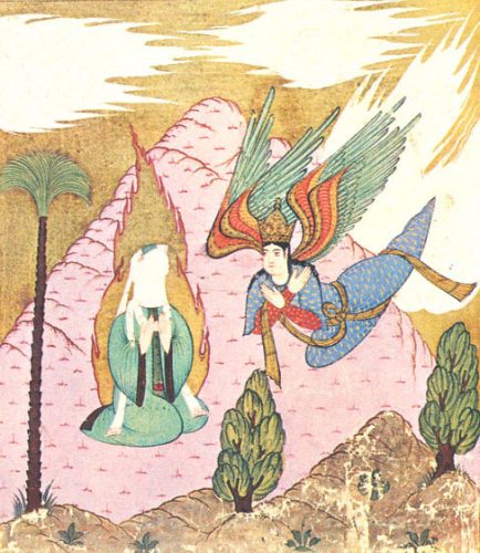 Siyer-i Nebi'nin 1595 resimli baskısından Hz.Muhammed'e Müjde'yi veren Başmelek Cebrail. Kaynak Topkapı Sarayı Müzesi